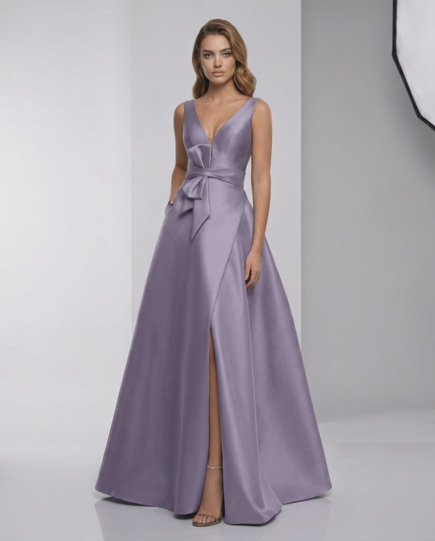 Lunara Maxi Dress - Lavender satin A-Line V-neck evening dress with a chic bow and elegant split, by Lauven.