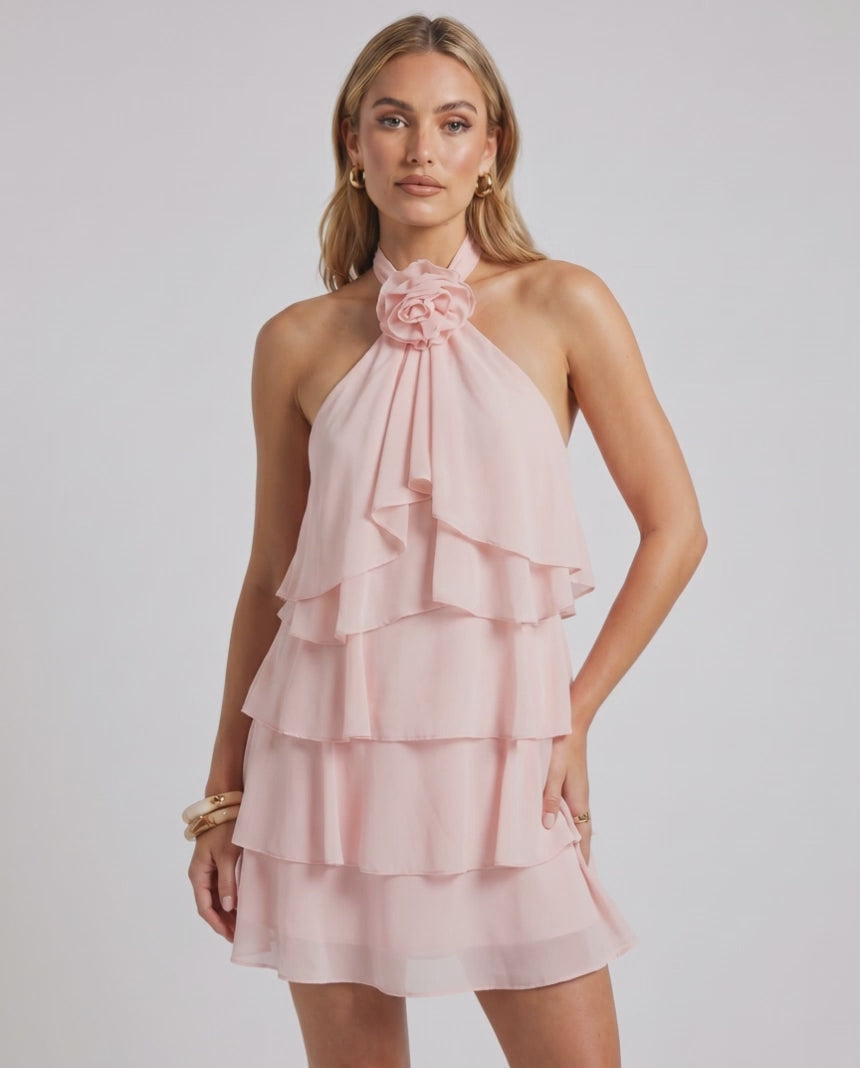 Roselle Mini Dress by Lauven — chiffon sleeveless halter neck tiered mini dress