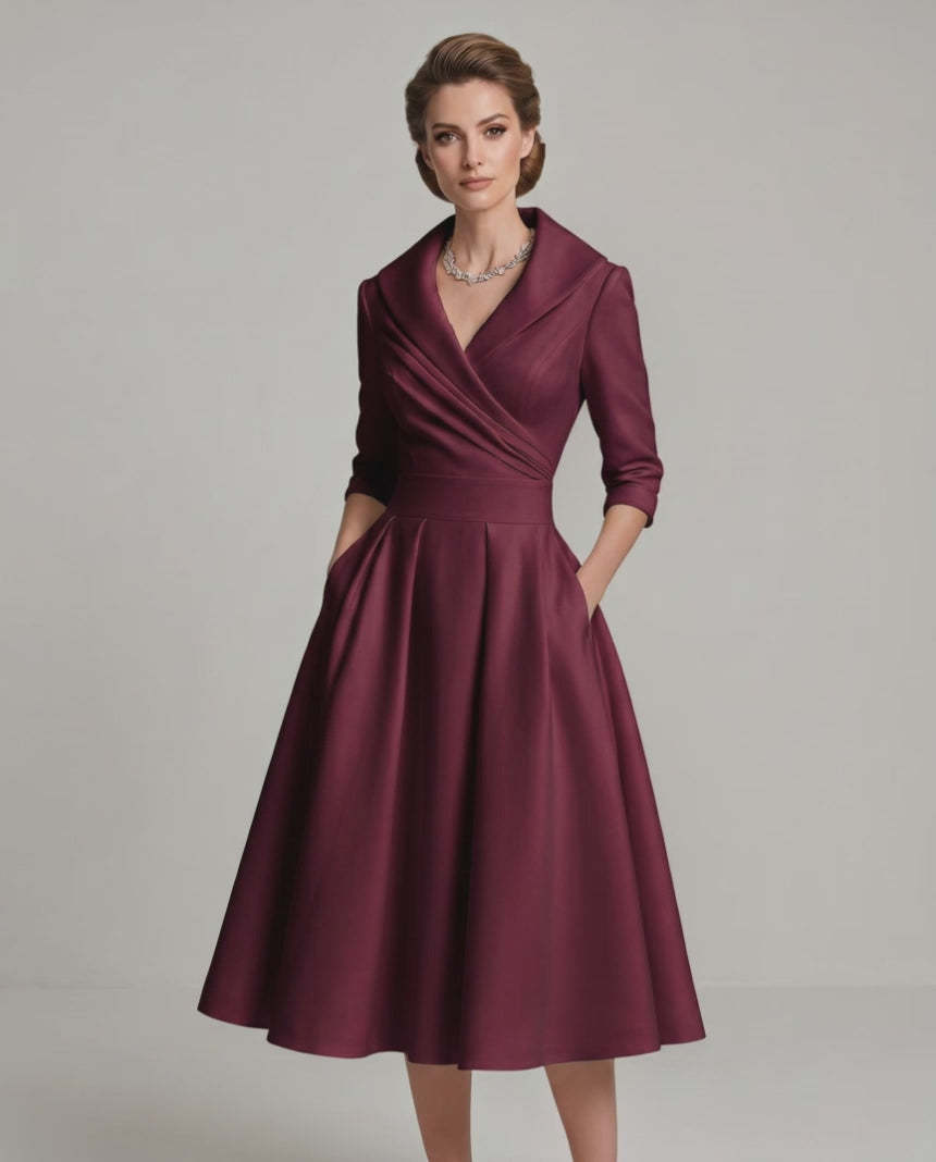 Veloura Midi Dress by Lauven — satin blend long sleeve V-neck A-line midi dress