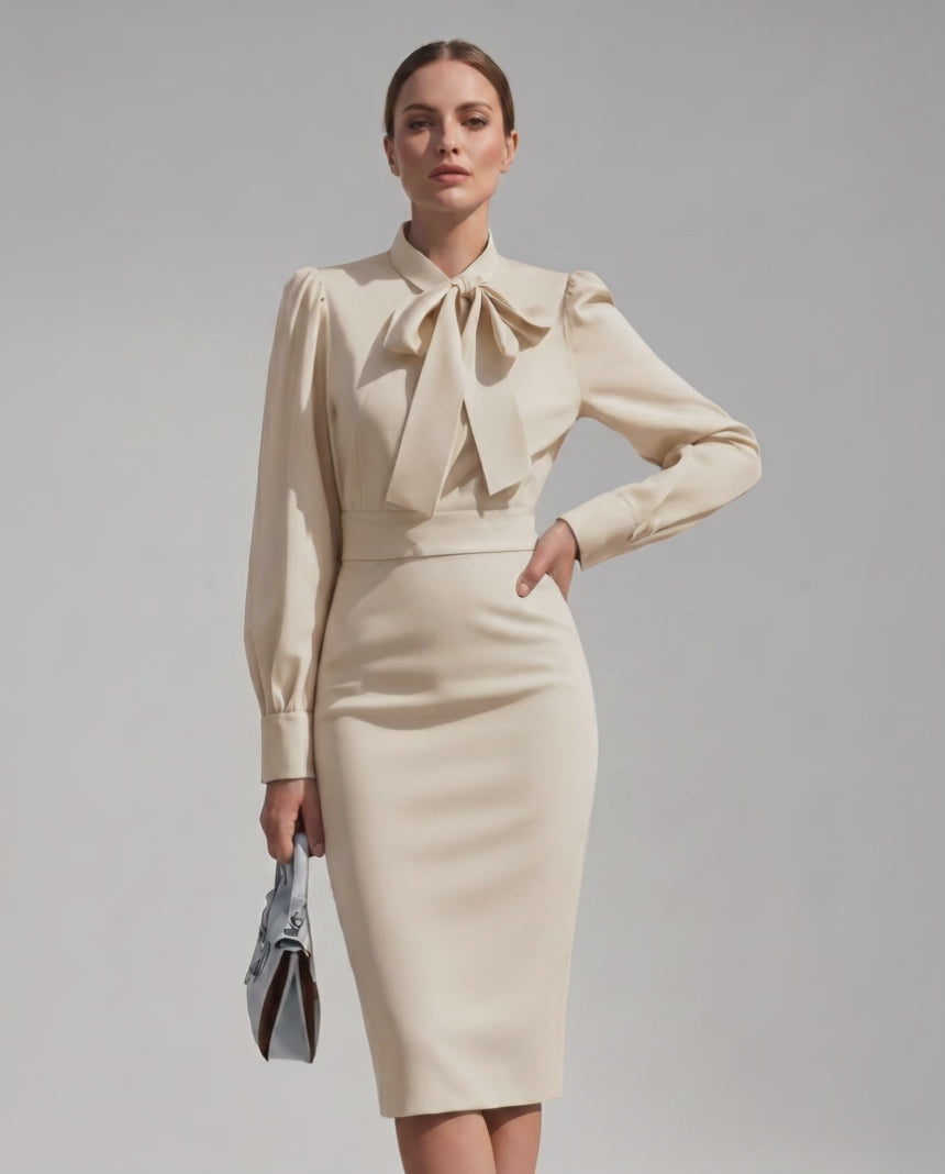 Celestine Midi Dress by Lauven — satin blend long sleeve bow neck pencil midi dress