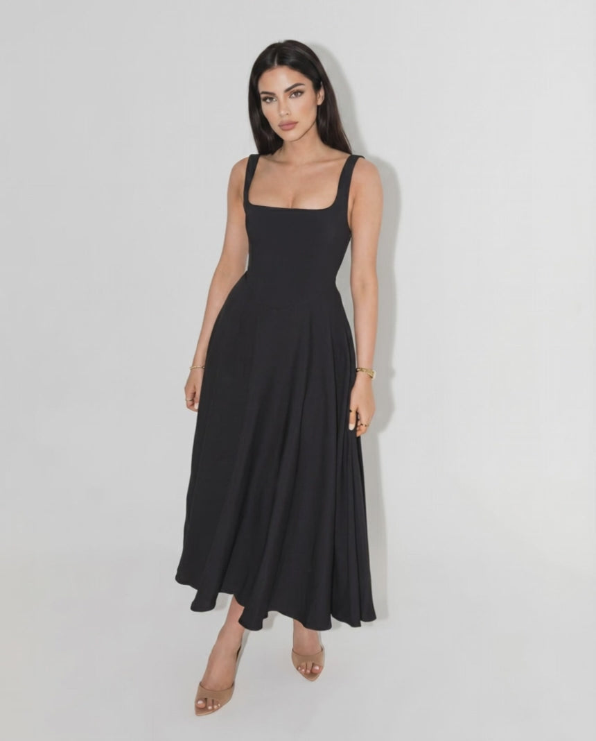 Elara Midi Dress by Lauven — structured sleeveless square neck fit and flare midi dress