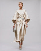 Seralyn Midi Dress by Lauven — satin kimono sleeve boat neck draped midi dress