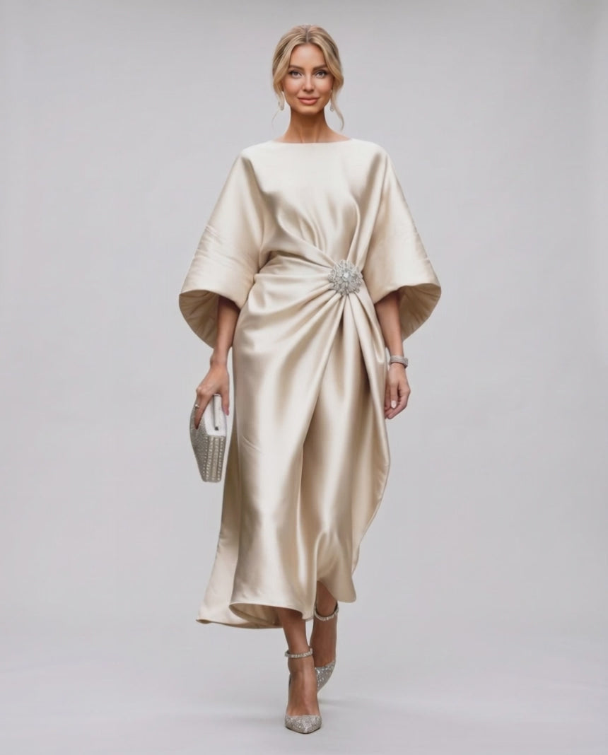 Seralyn Midi Dress by Lauven — satin kimono sleeve boat neck draped midi dress