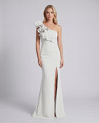 Aurelium Maxi Dress featuring smooth stretch fabric and one-shoulder design by Lauven, highlighted with wavy detailing.