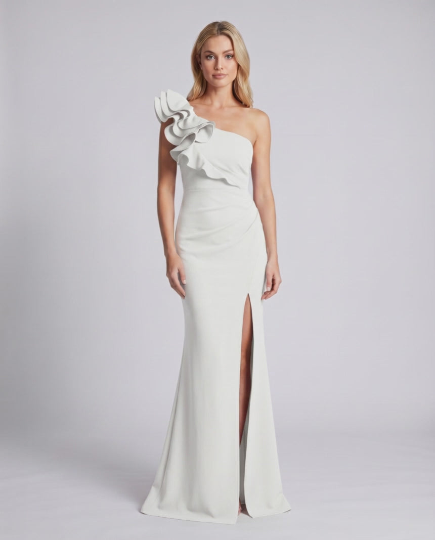 Aurelium Maxi Dress featuring smooth stretch fabric and one-shoulder design by Lauven, highlighted with wavy detailing.