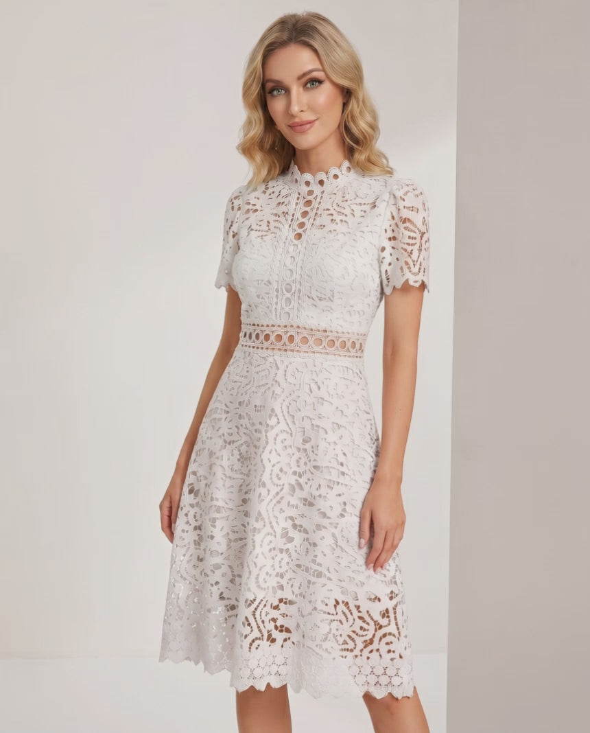 Aurelia Midi Dress by Lauven — lace short sleeve high neck A-line midi dress