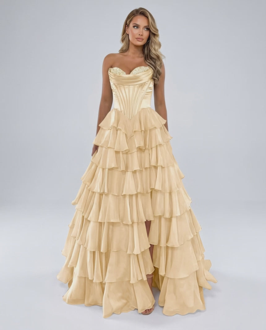 Seraphine Maxi Dress by Lauven — satin chiffon sleeveless sweetheart tiered A-line maxi dress