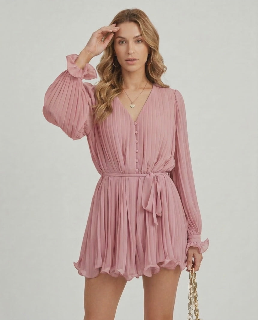 Mirabel Mini Dress by Lauven in romantic dusty rose pleated chiffon, featuring flowing fabric and elegant style.