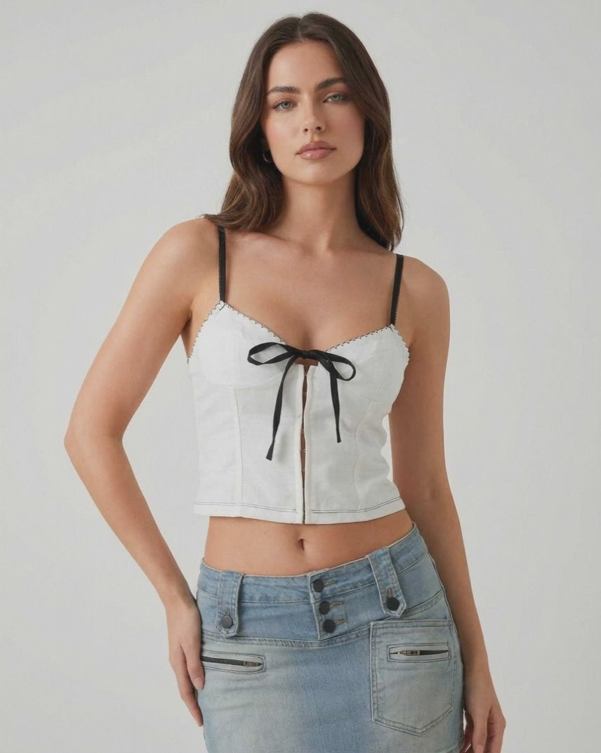 Arden Top by Lauven - White camisole with black bow detail for stylish everyday wear.