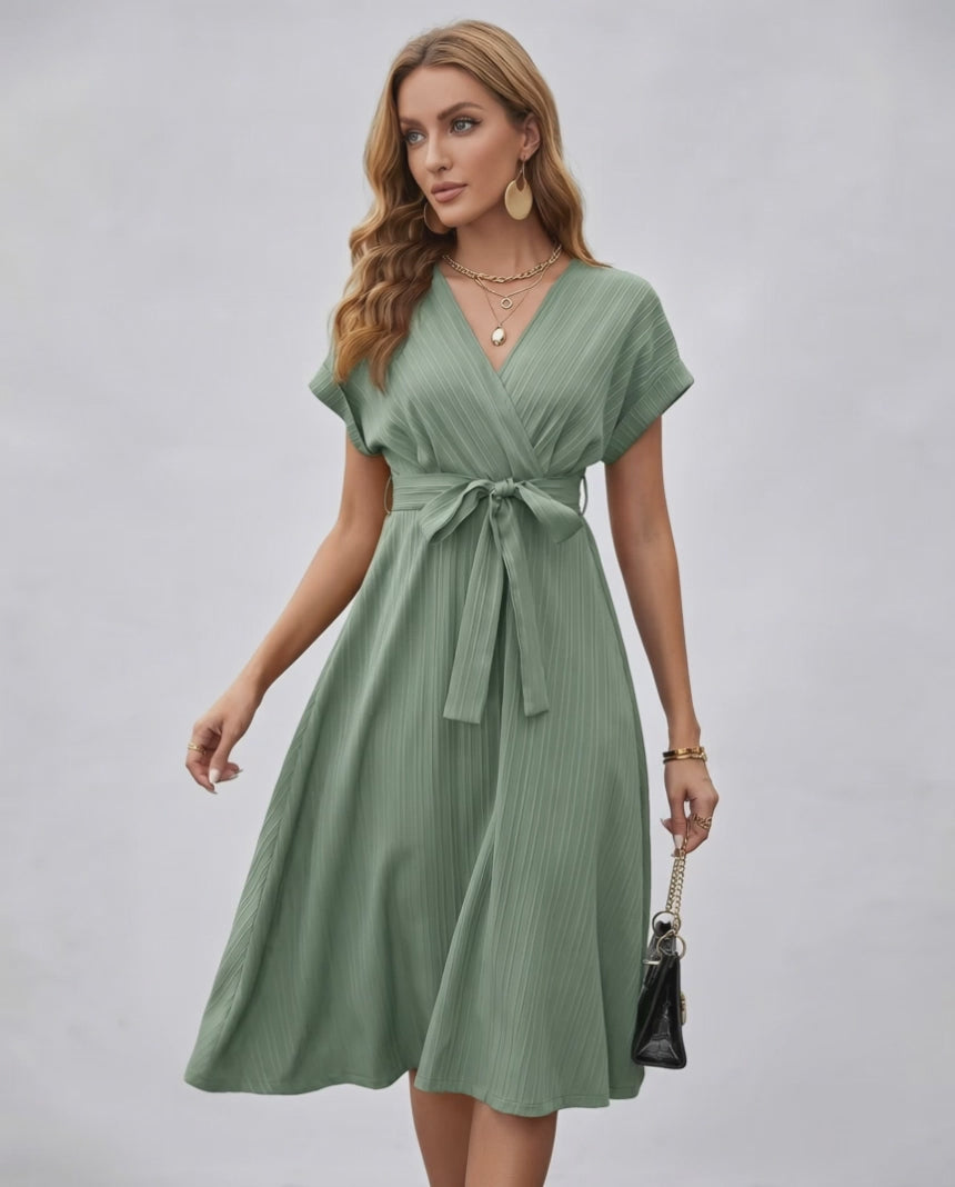 Serene Midi Dress in green, featuring pleated fabric, V-neck, A-line silhouette, and adjustable self-tie belt from Lauven.