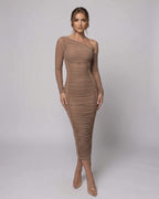 Veloura Midi Dress by Lauven — one shoulder long sleeve ruched bodycon midi dress