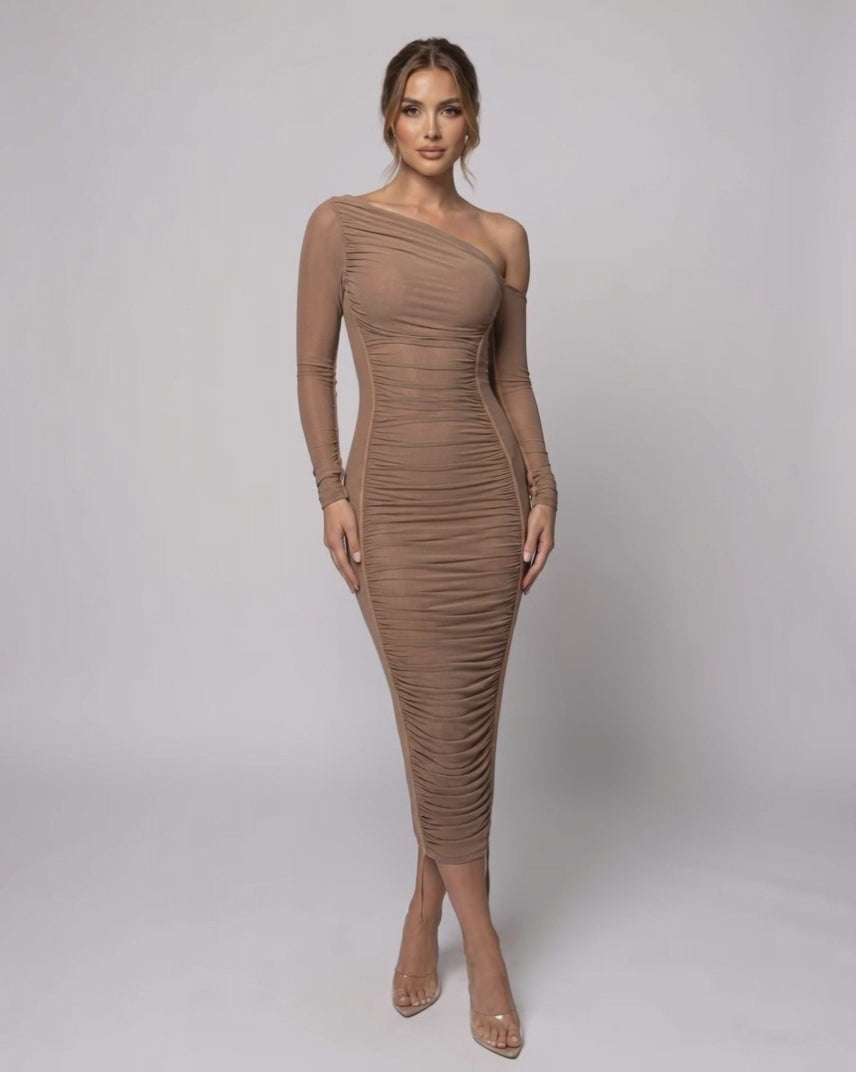 Veloura Midi Dress by Lauven — one shoulder long sleeve ruched bodycon midi dress