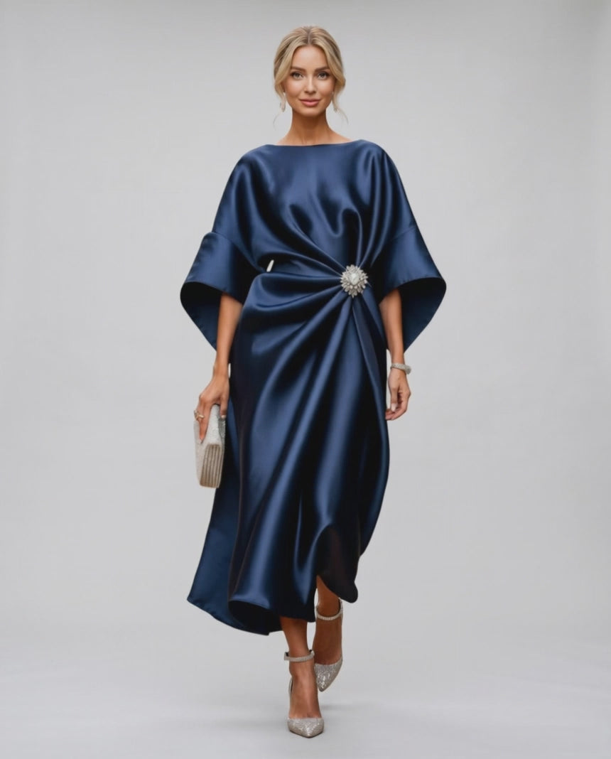 Seralyn Midi Dress by Lauven — satin kimono sleeve boat neck draped midi dress