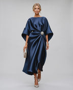 Seralyn Midi Dress by Lauven — satin kimono sleeve boat neck draped midi dress