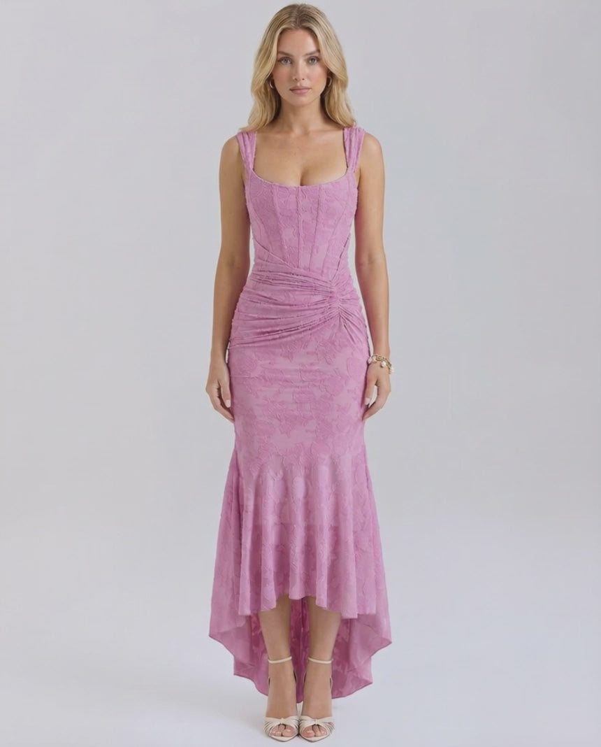 Luna Maxi Dress by Lauven, elegant jacquard fabric in soft pink with fish tail hem and square neckline.