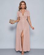 Elara Maxi Dress by Lauven — textured knit short sleeve V-neck button front maxi dress