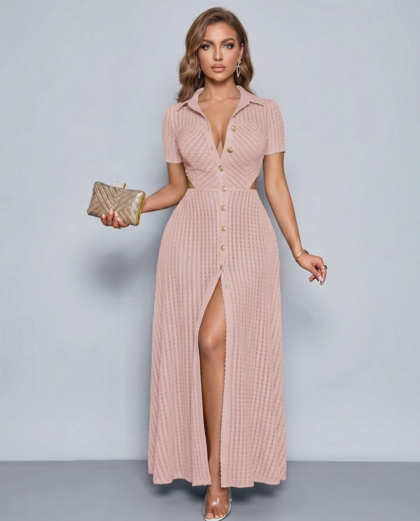 Elara Maxi Dress by Lauven — textured knit short sleeve V-neck button front maxi dress