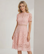 Aurelia Midi Dress by Lauven — lace short sleeve high neck A-line midi dress