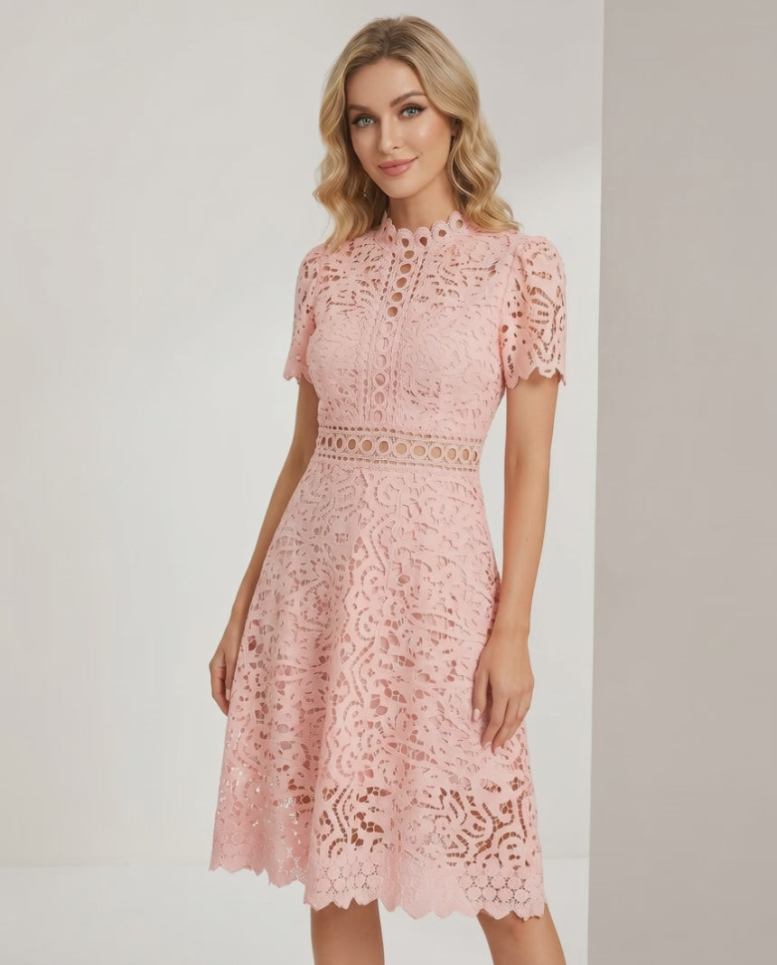 Aurelia Midi Dress by Lauven — lace short sleeve high neck A-line midi dress