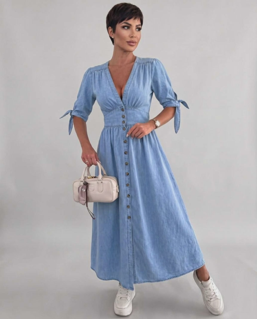 Eloria Midi Dress by Lauven — lightweight mid sleeve V-neck button front fit and flare midi dress