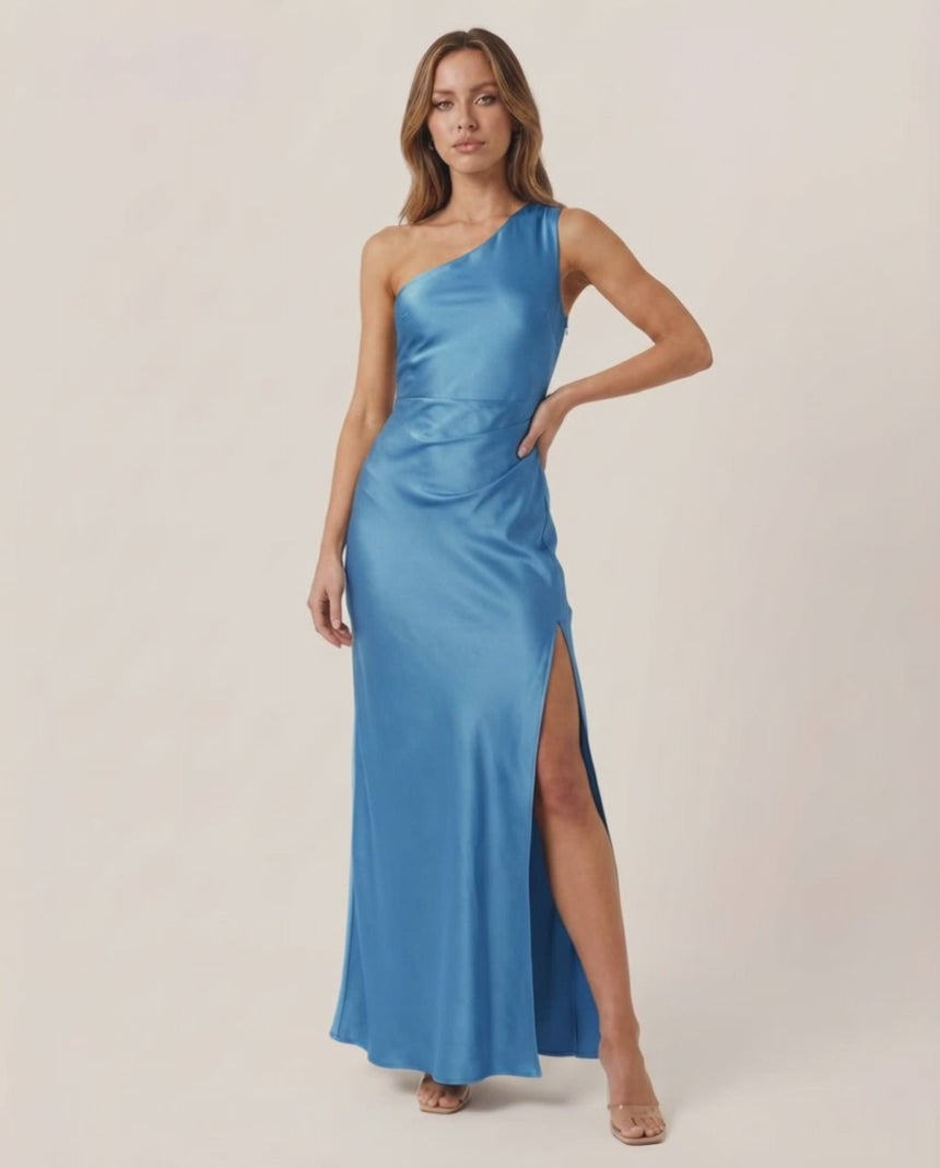 Azure Maxi Dress - Elegant satin one-shoulder gown in striking blue by Lauven, perfect for formal wear.