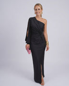 Veloura Maxi Dress by Lauven — satin one-shoulder long sleeve draped maxi dress