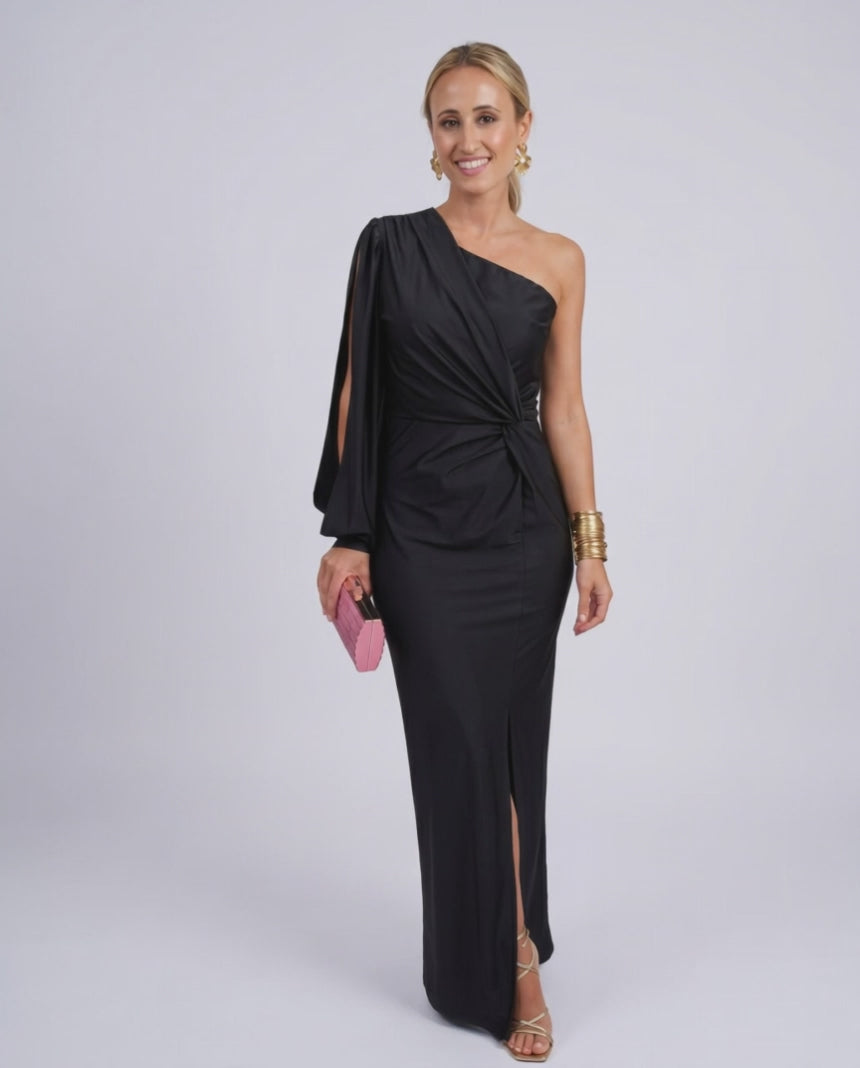 Veloura Maxi Dress by Lauven — satin one-shoulder long sleeve draped maxi dress