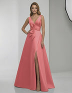 Coraline Maxi Dress - Coral satin A-line with V-neck and elegant slit, by Lauven for a refined evening look.