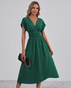 Aurea Midi Dress by Lauven — lightweight woven batwing sleeve V-neck A-line midi dress