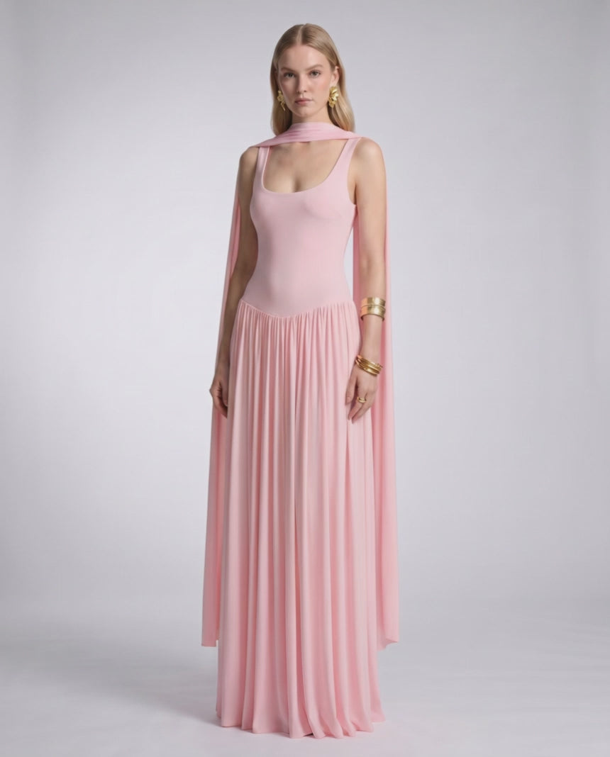 Aurelia Maxi Dress by Lauven — polyester sleeveless scoop neck fit and flare maxi dress with pleated skirt and scarf detail