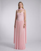 Aurelia Maxi Dress by Lauven — polyester sleeveless scoop neck fit and flare maxi dress with pleated skirt and scarf detail