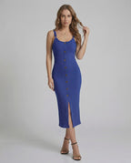 Aurelia Midi Dress by Lauven - Blue Ribbed Sleeveless Dress with Button Front and Front Split