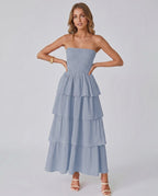 Solenne Maxi Dress by Lauven — lightweight sleeveless strapless tiered maxi dress