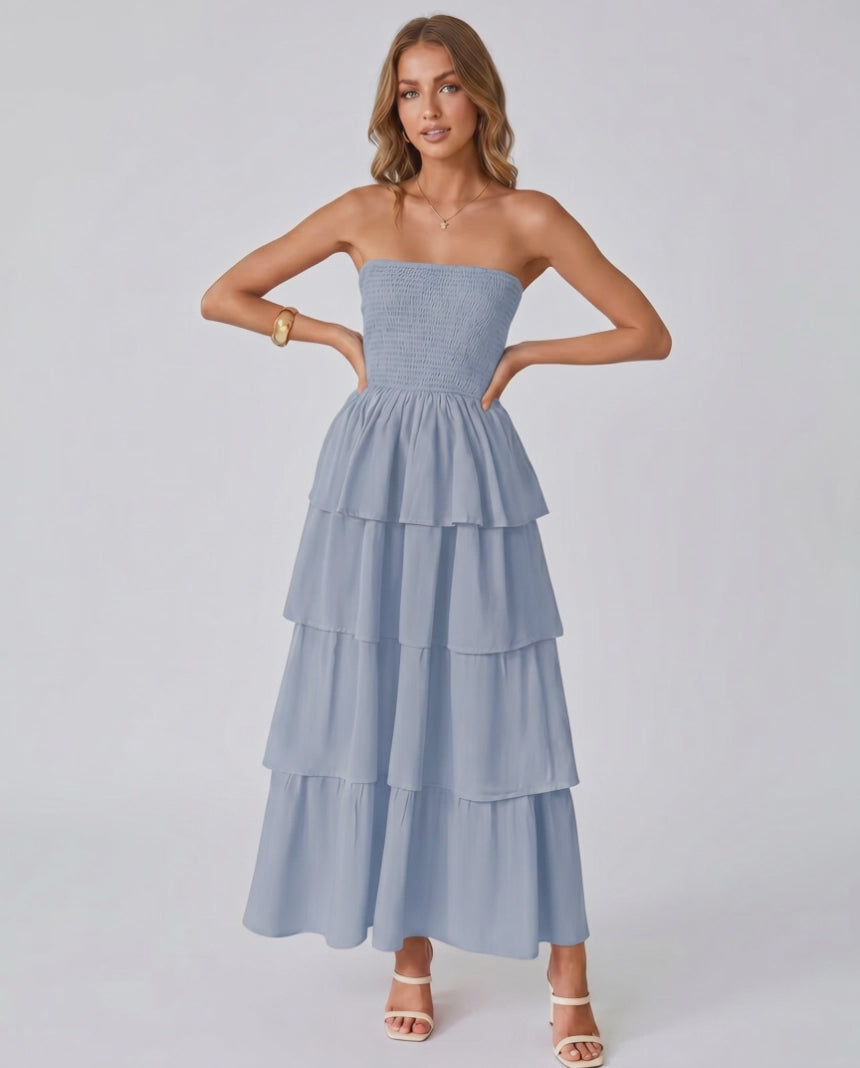 Solenne Maxi Dress by Lauven — lightweight sleeveless strapless tiered maxi dress