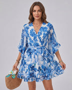 Florisse Mini Dress by Lauven — chiffon long flare sleeve V-neck A-line mini dress
