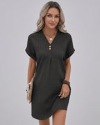 Lunelle Mini Dress by Lauven — textured short sleeve V-neck relaxed mini dress