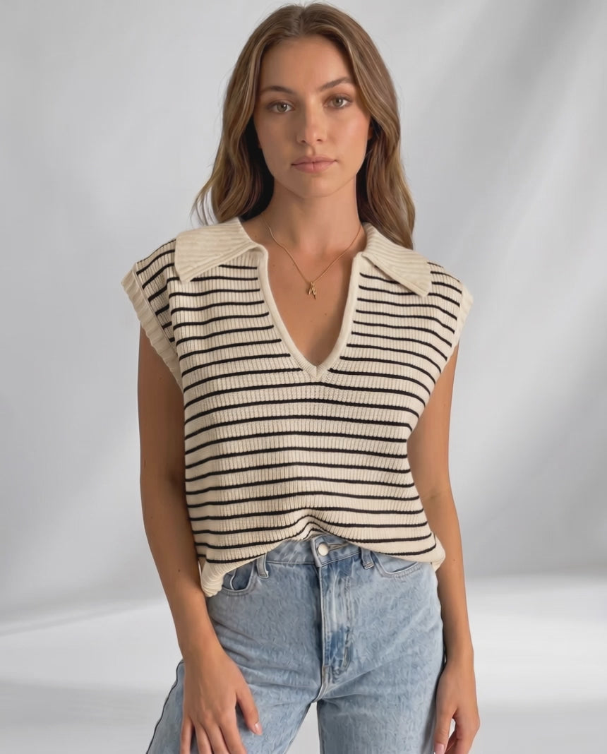 Solvane T-Shirt by Lauven — women’s ribbed striped T-shirt with lapel collar and V-neck knit design