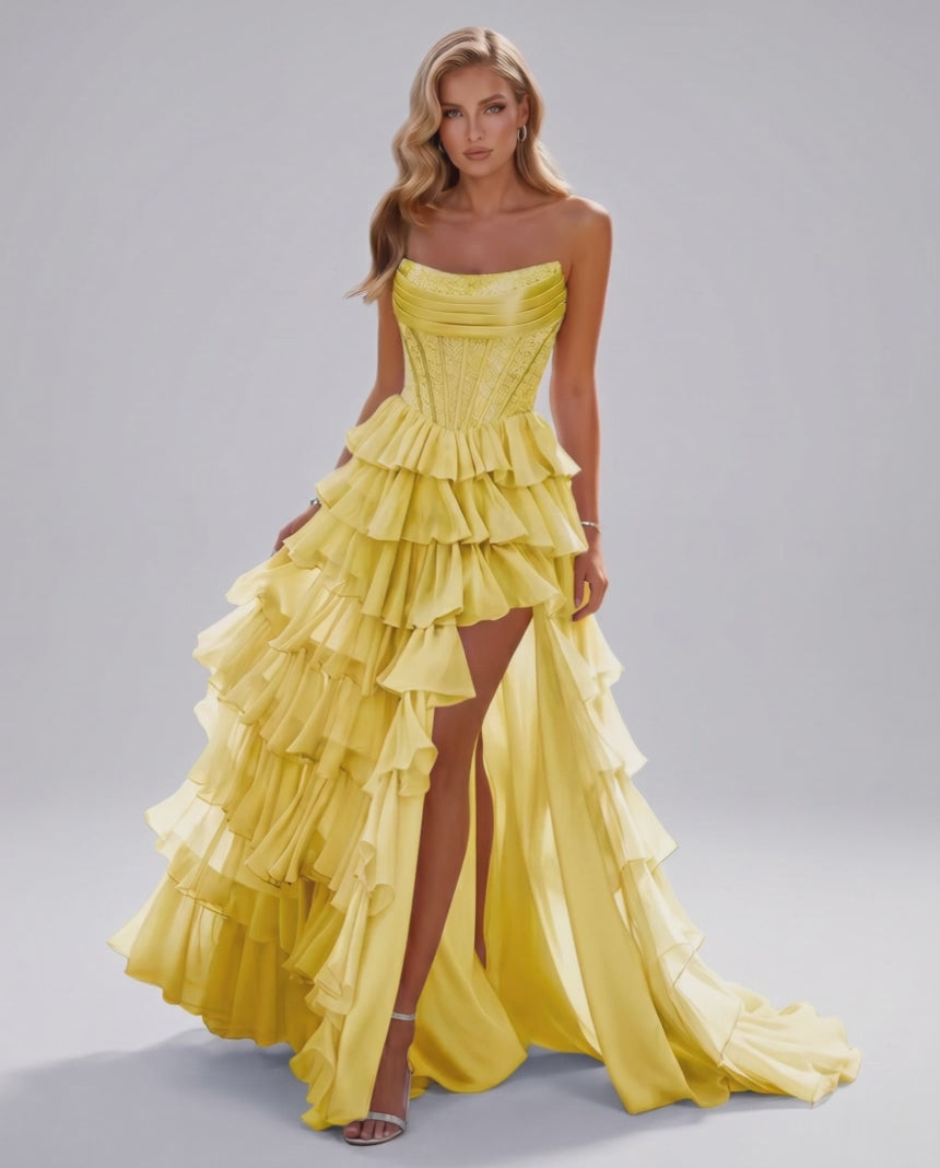 Celestia Maxi Dress by Lauven — organza strapless corset tiered maxi dress