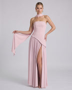 Aureline Maxi Dress by Lauven — chiffon strapless halter pleated maxi dress with slit