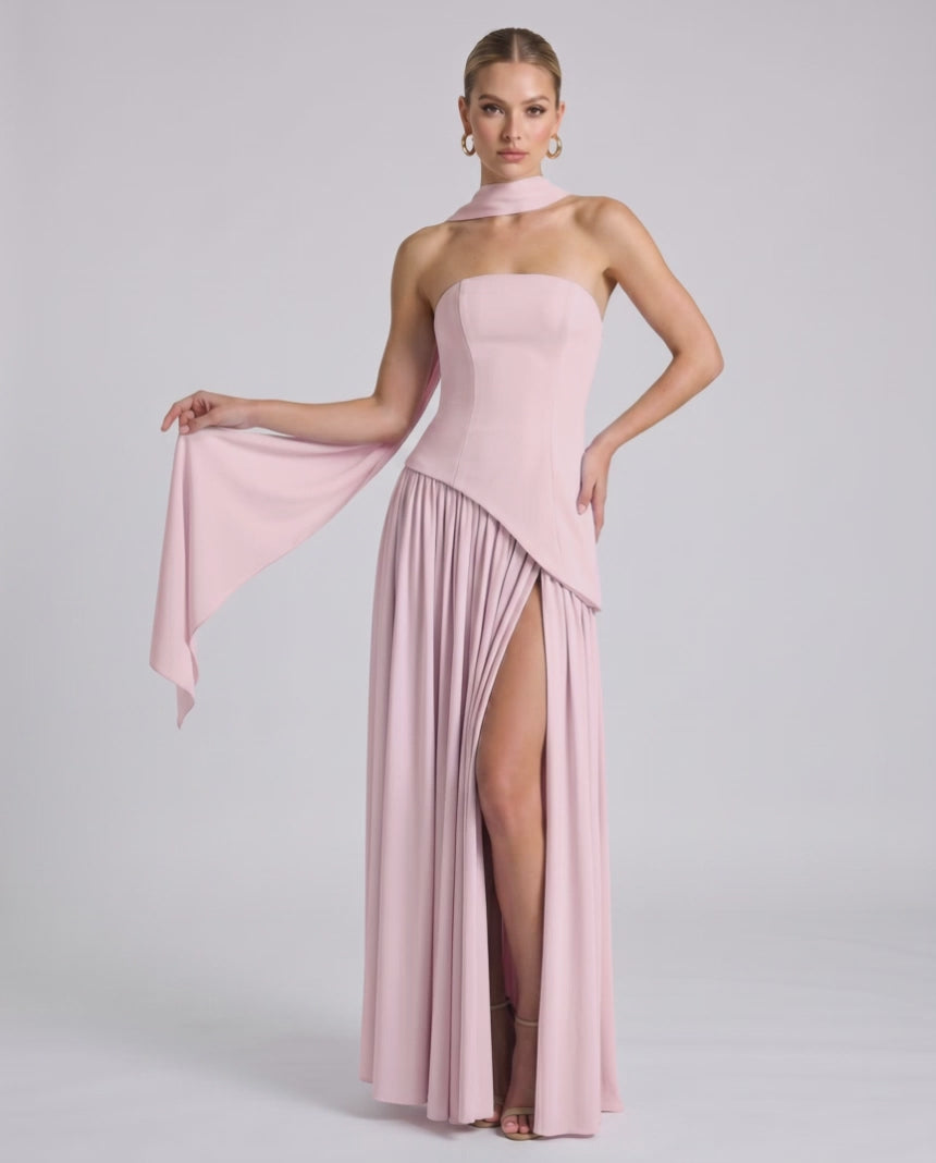 Aureline Maxi Dress by Lauven — chiffon strapless halter pleated maxi dress with slit