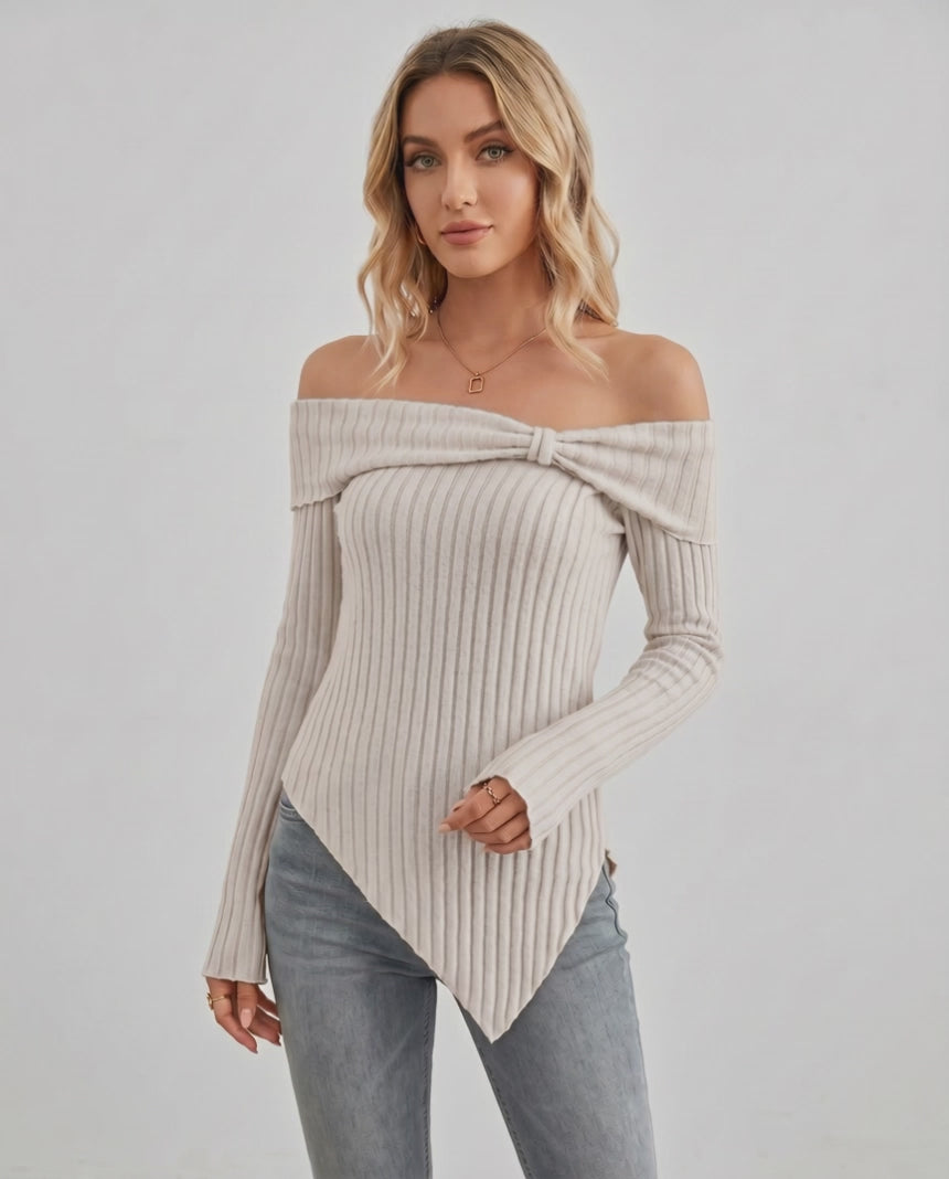 Veloura Long Sleeve Top by Lauven — women’s ribbed off shoulder long sleeve top with asymmetrical hem
