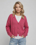 Rosea Cardigan by Lauven - Vibrant pink knitwear with relaxed fit and button-down front, perfect for modern style.