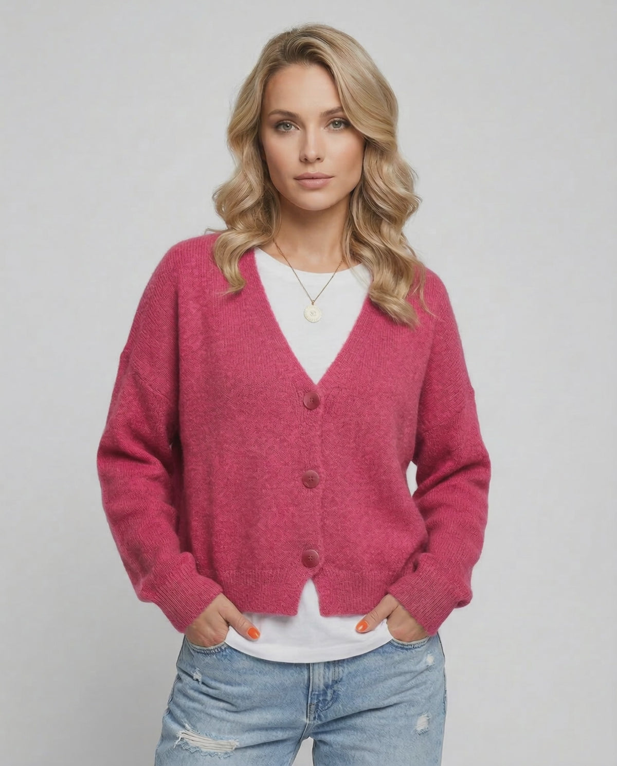 Rosea Cardigan by Lauven - Vibrant pink knitwear with relaxed fit and button-down front, perfect for modern style.