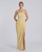 Aurelia Maxi Dress by Lauven — satin strapless maxi dress with draped silhouette and high slit
