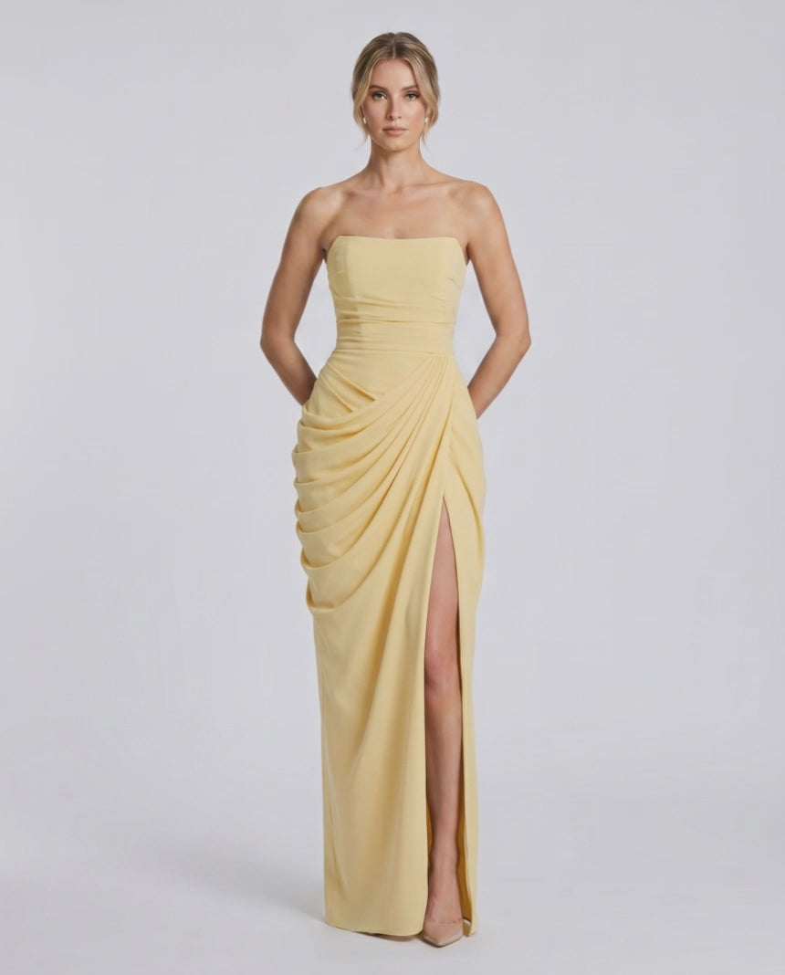 Aurelia Maxi Dress by Lauven — satin strapless maxi dress with draped silhouette and high slit