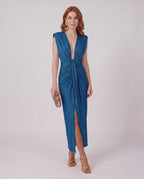 Aurelle Maxi Dress by Lauven — lightweight sleeveless deep v neck fitted maxi dress with pleats and slit