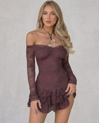 Celeste Mini Dress by Lauven featuring deep plum lace, off-the-shoulder neckline and ruffled hem.