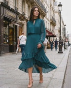 Elara Midi Dress by Lauven — chiffon long sleeve keyhole neck A-line pleated midi dress