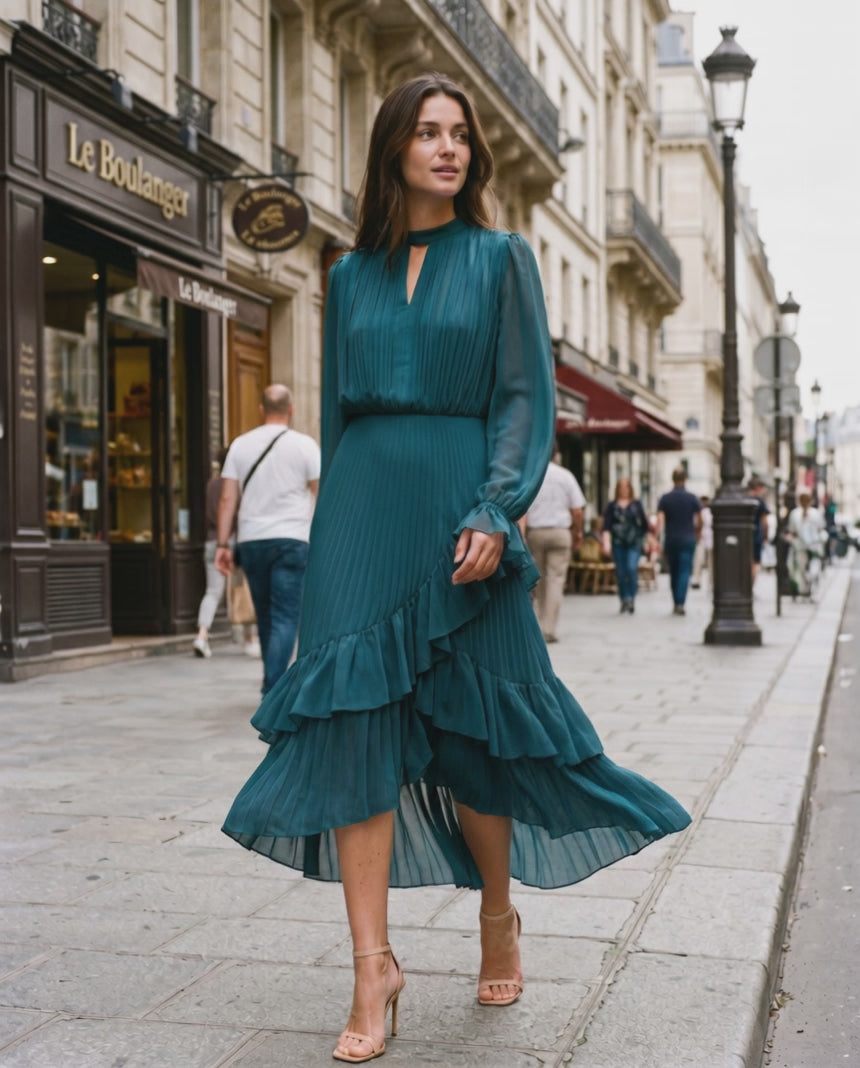Elara Midi Dress by Lauven — chiffon long sleeve keyhole neck A-line pleated midi dress