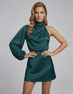 Astra Mini Dress by Lauven – Luxurious one-shoulder satin dress in deep emerald, expertly designed for elegance.
